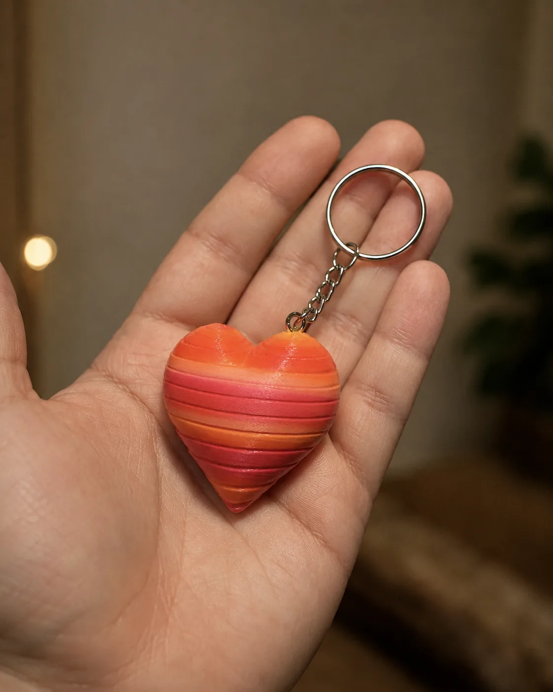 Avuç içinde renk geçişli 3D baskı kalp anahtarlık